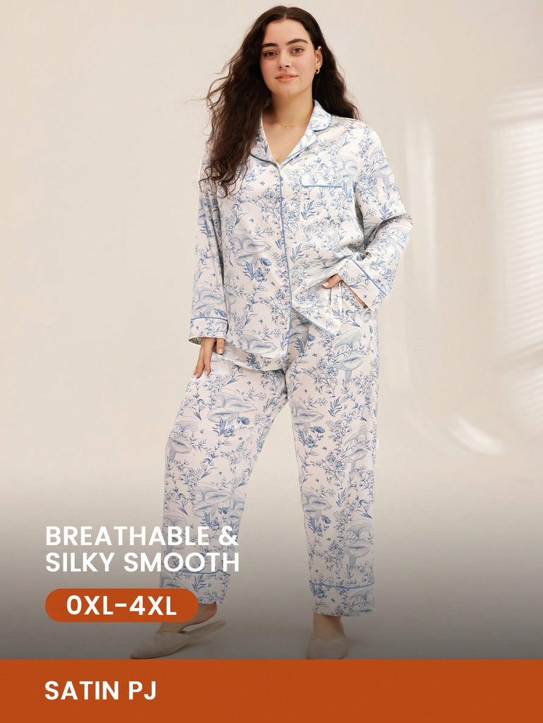 Plus Floral Pattern Satin Long Pajama Sets
