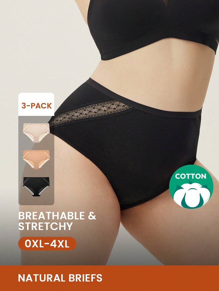 Plus 3-Pack Lace Cotton High Waist Briefs Women Underwear Panty Set
