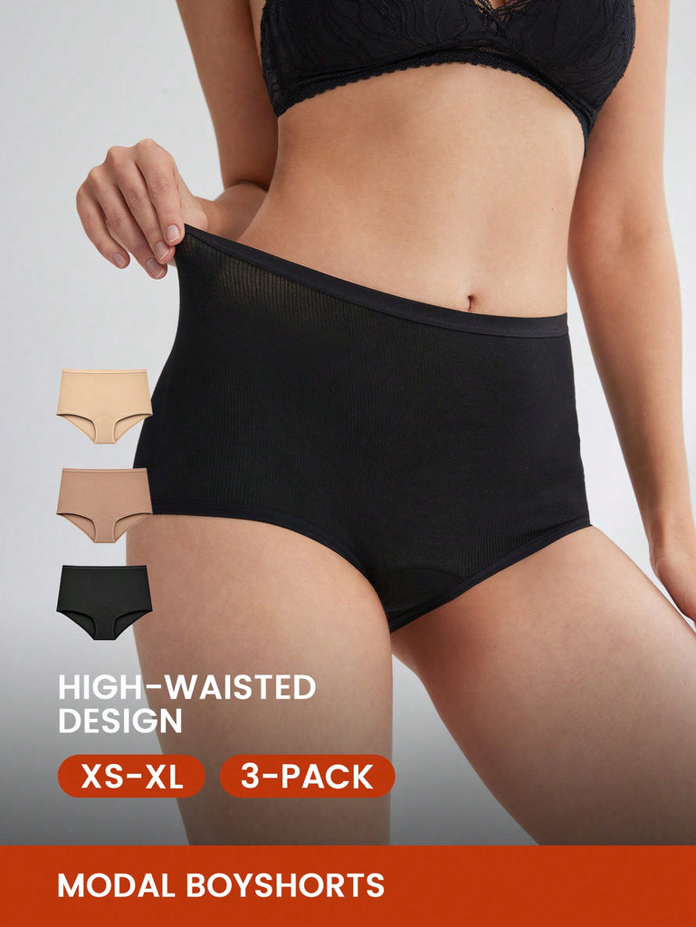 3-Pack High Stretch Modal High Waist Boyshorts Comfy Women's Underwear Panty Set