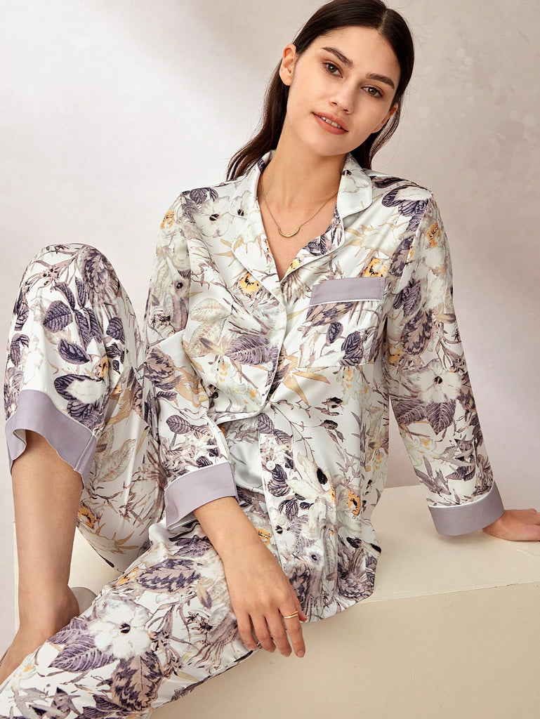 Satin Floral Print Long Pajama Set