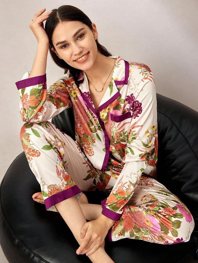 Satin Floral Print Long Pajama Set
