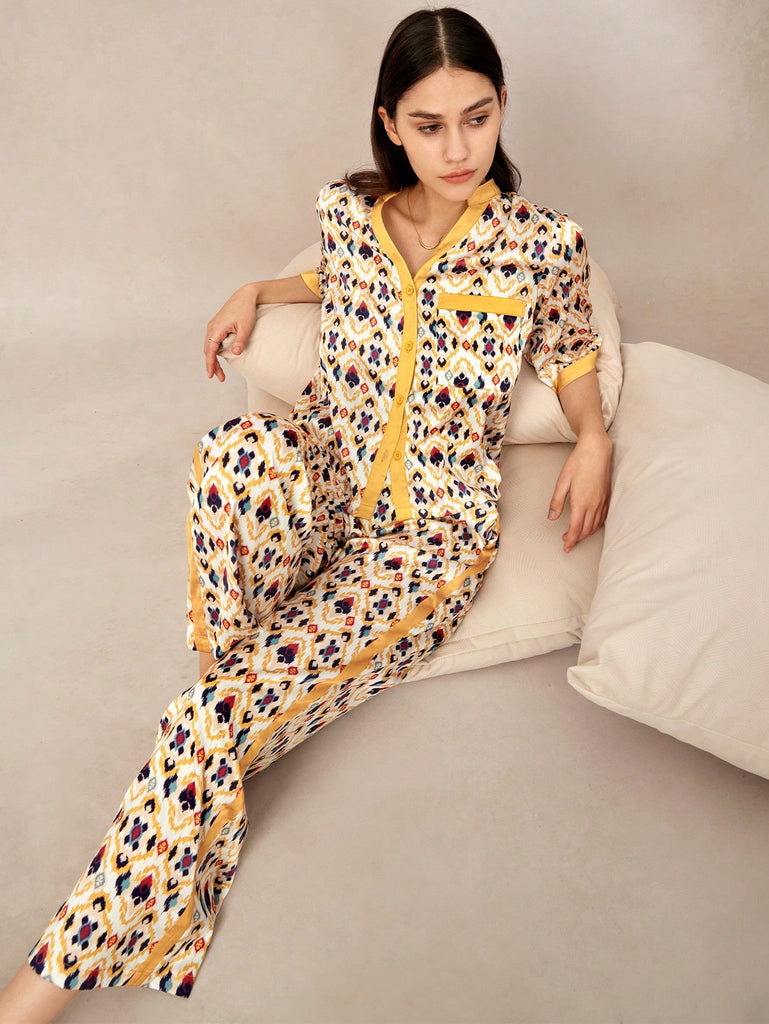 Satin Geometric Print Pajama Set