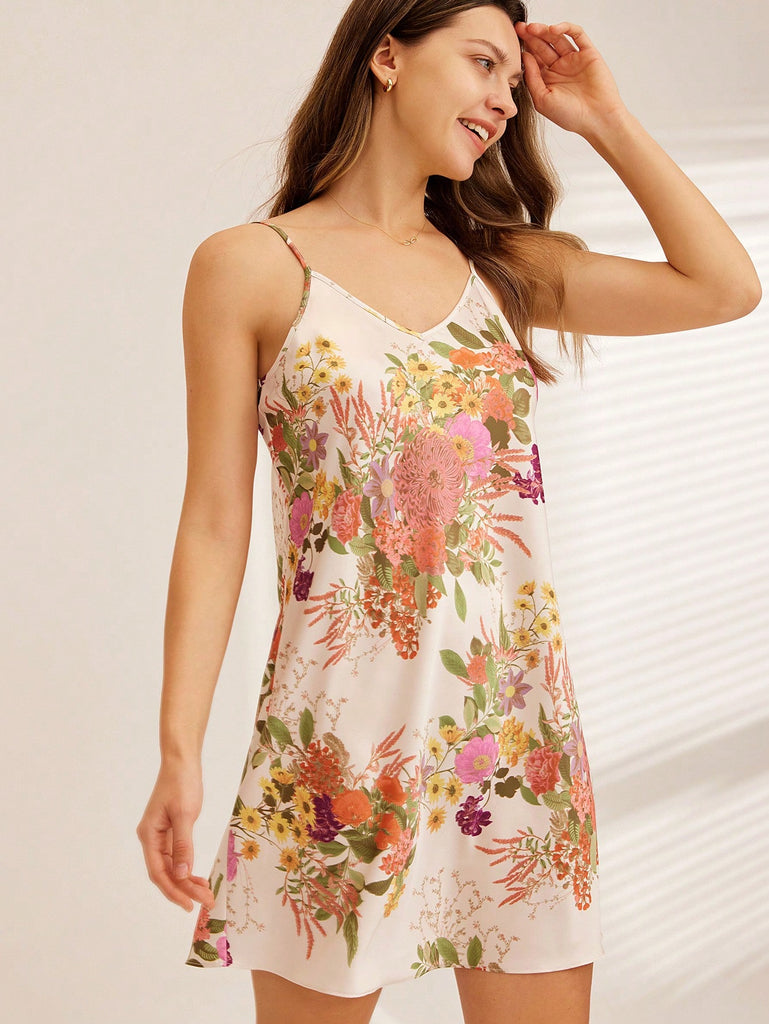 Satin Floral Print Strappy Dress