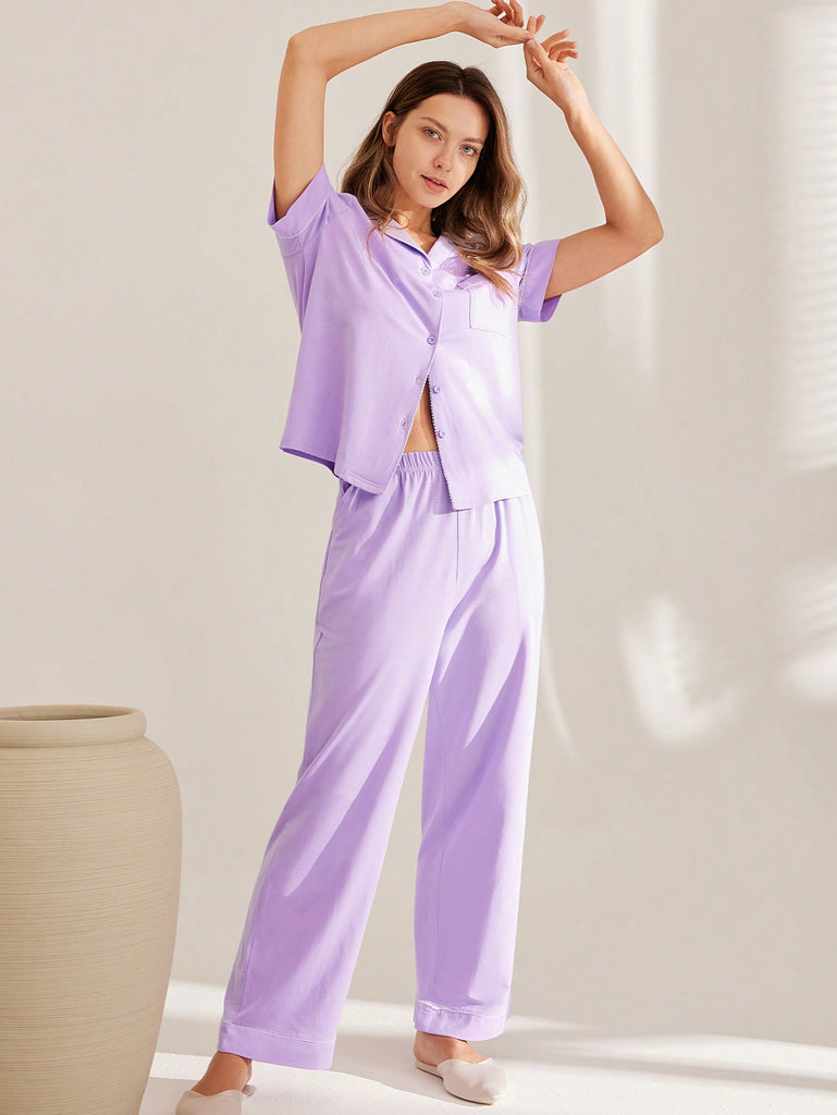 Cotton Modal Plain Lapel Pajama Set