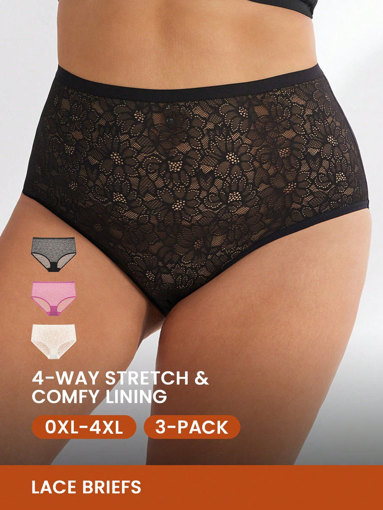 Plus 3-Pack High Waist Stretchy Comfy Lace Briefs